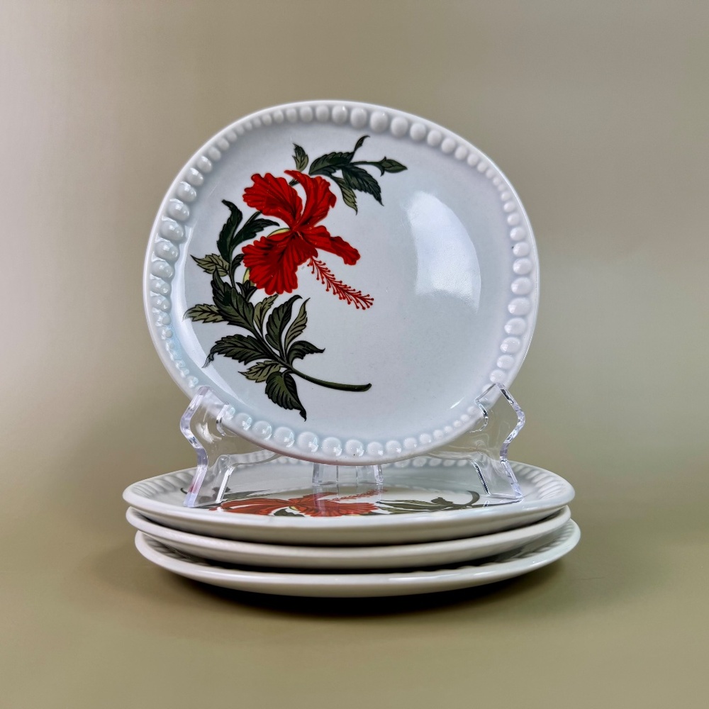 Vintage Gray-Lure by Crooksville 6" Hibiscus Plates – Set of 4 | Mid-Century